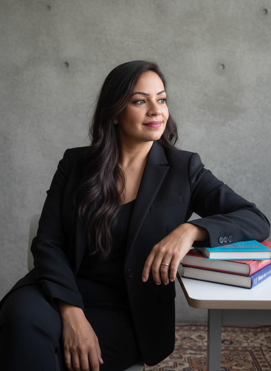 Fabiana Lima em ambiente profissional, ao lado de livros